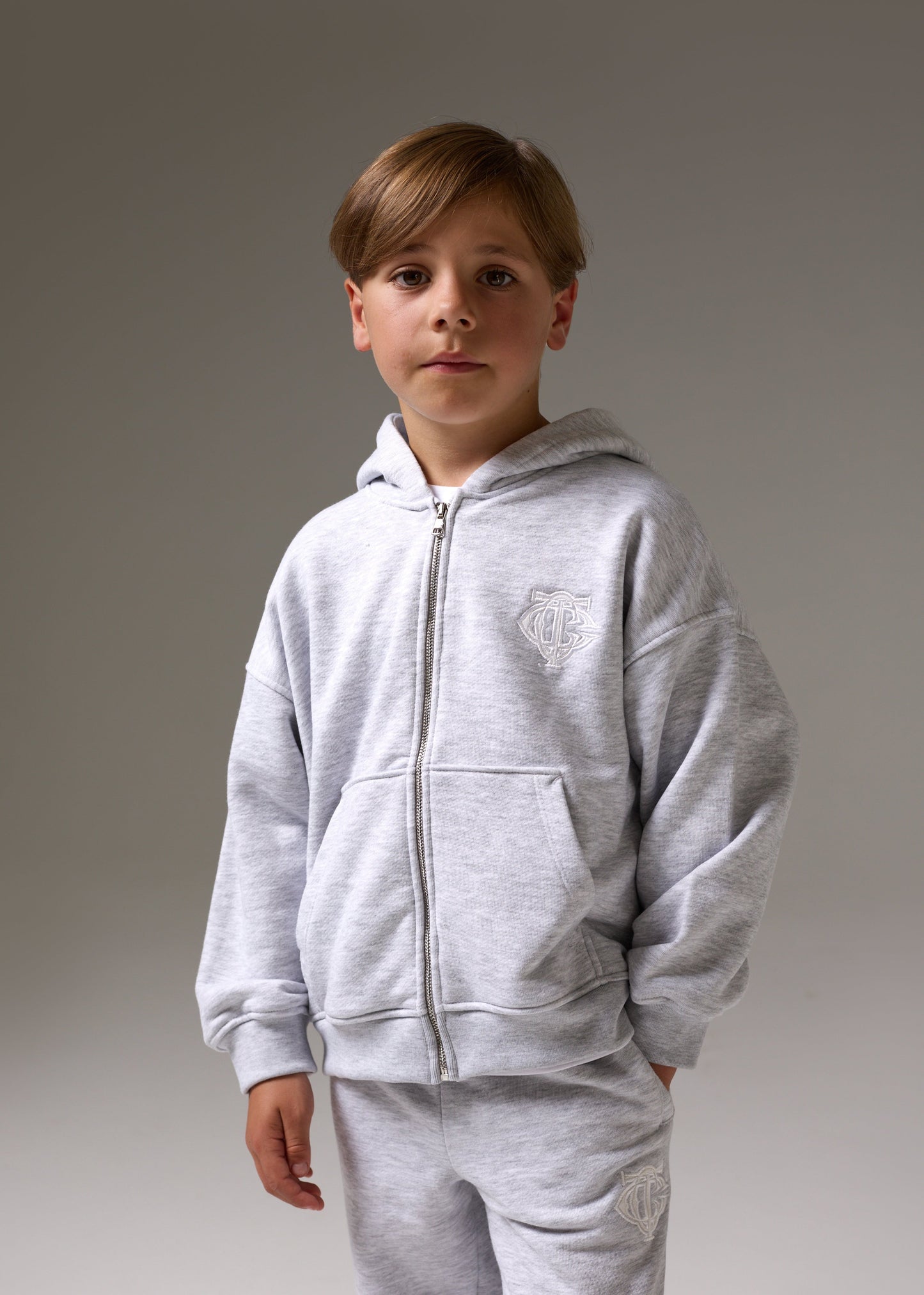 Junior Zip Through Emblem Applique Hoodie Marl in Grey