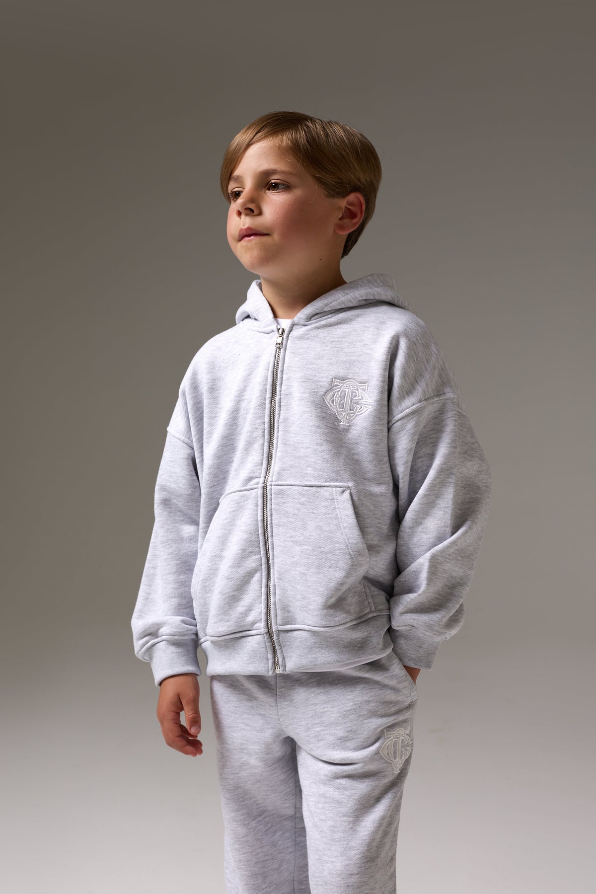 JUNIOR ZIP THROUGH EMBLEM APPLIQUE HOODIE - GREY MARL