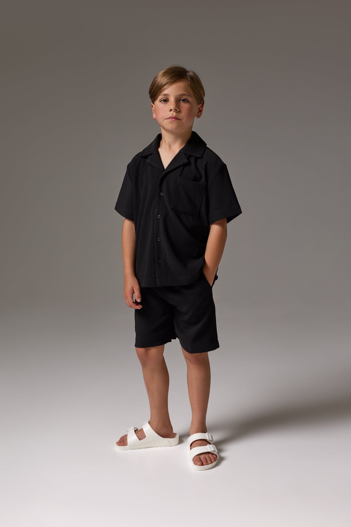 JUNIOR RIB BUTTON THROUGH SHIRT - BLACK