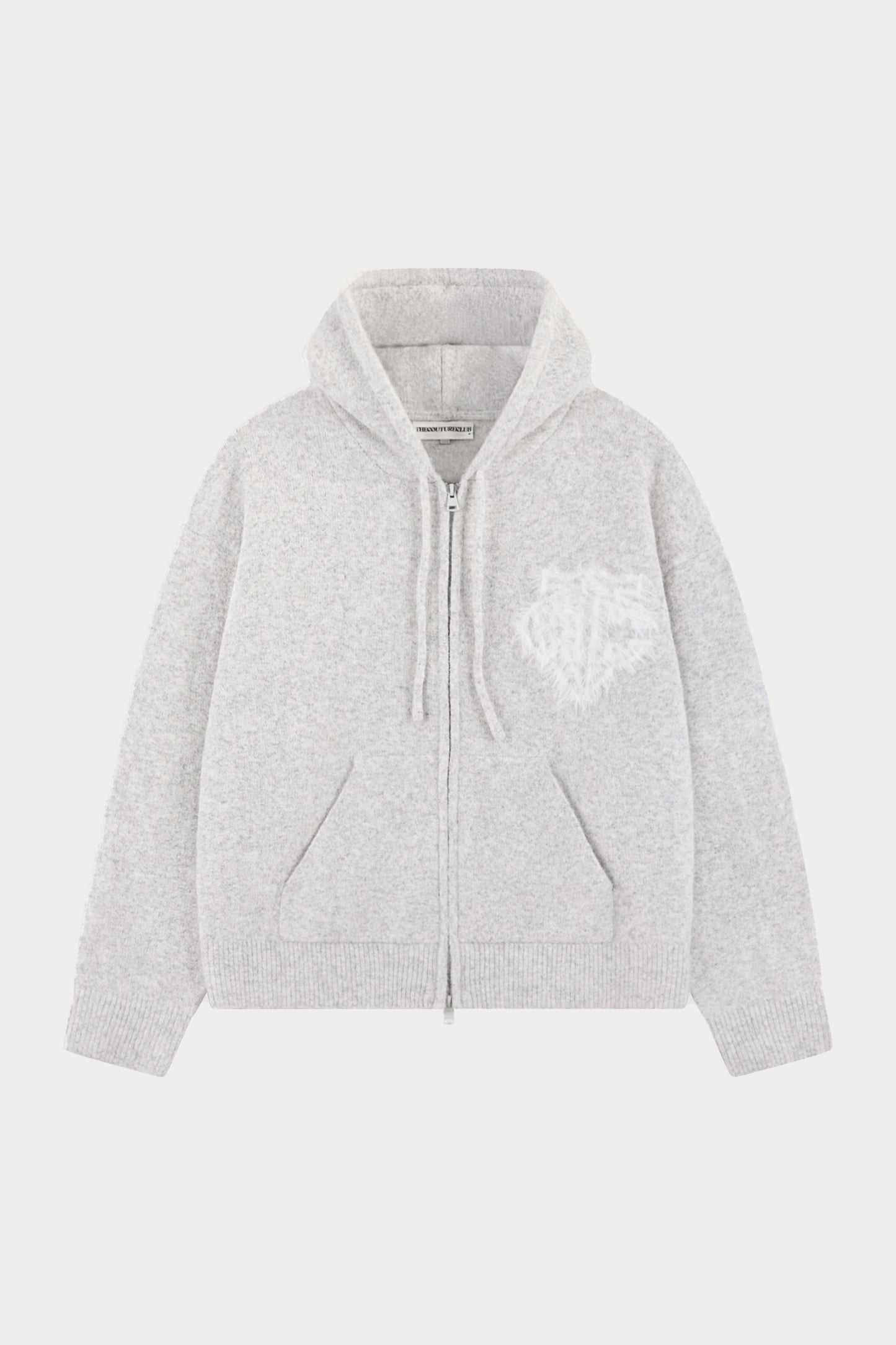 MONOGRAM FLUFFY KNIT ZIP THROUGH HOODIE - GREY MARL