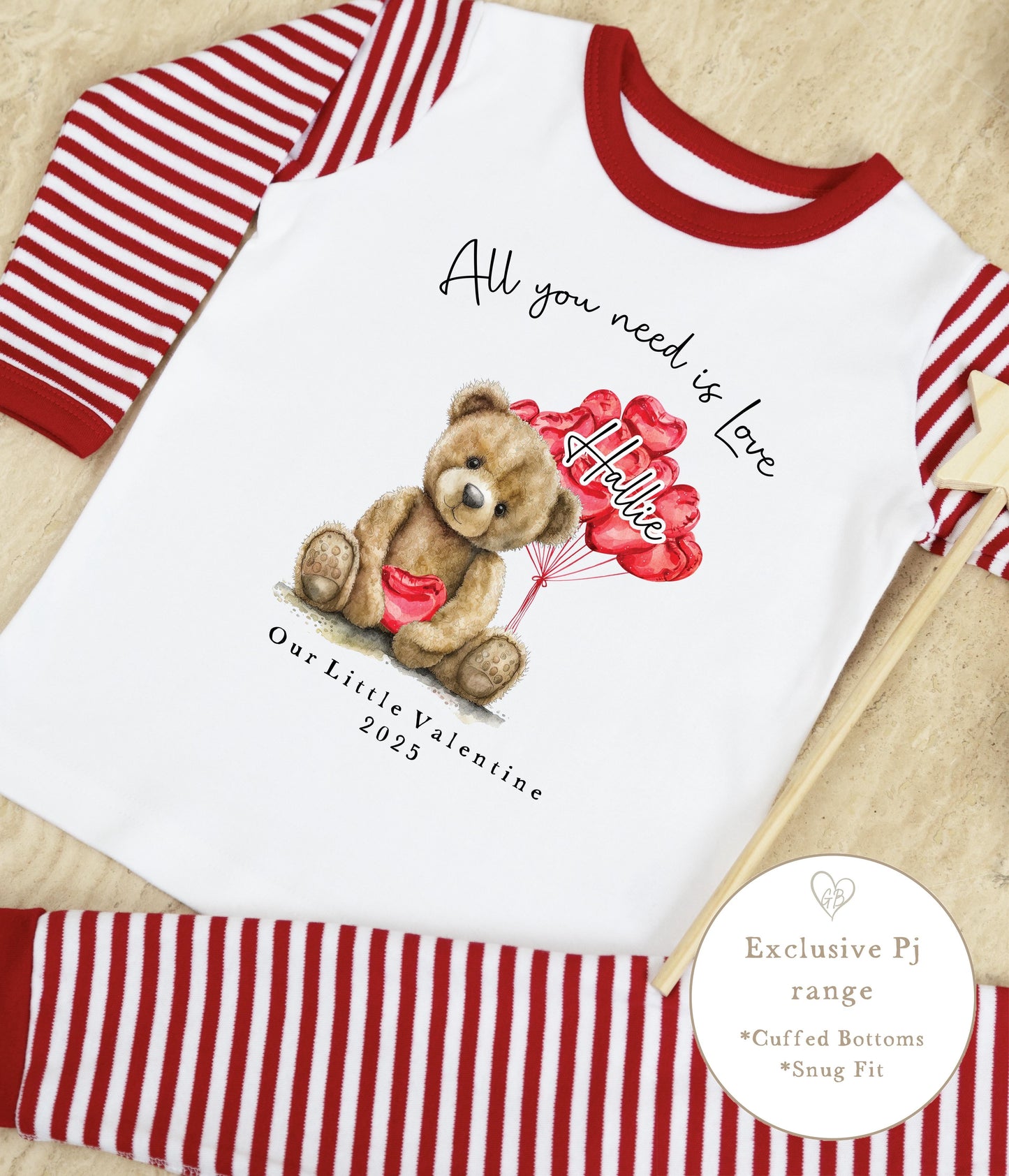 Personalised Red Stripe Valentines Pyjamas - Bear Balloons Design