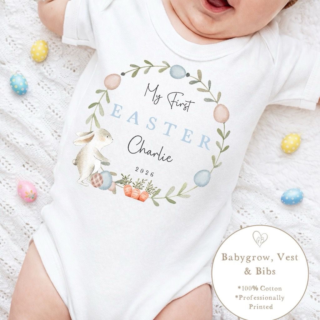 Personalised My First Easter Babygrow / Vest - Blue Classic Wreath Design