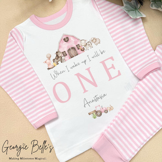 Personalised Pink Stripe Birthday Pyjamas - Pink Farm Design