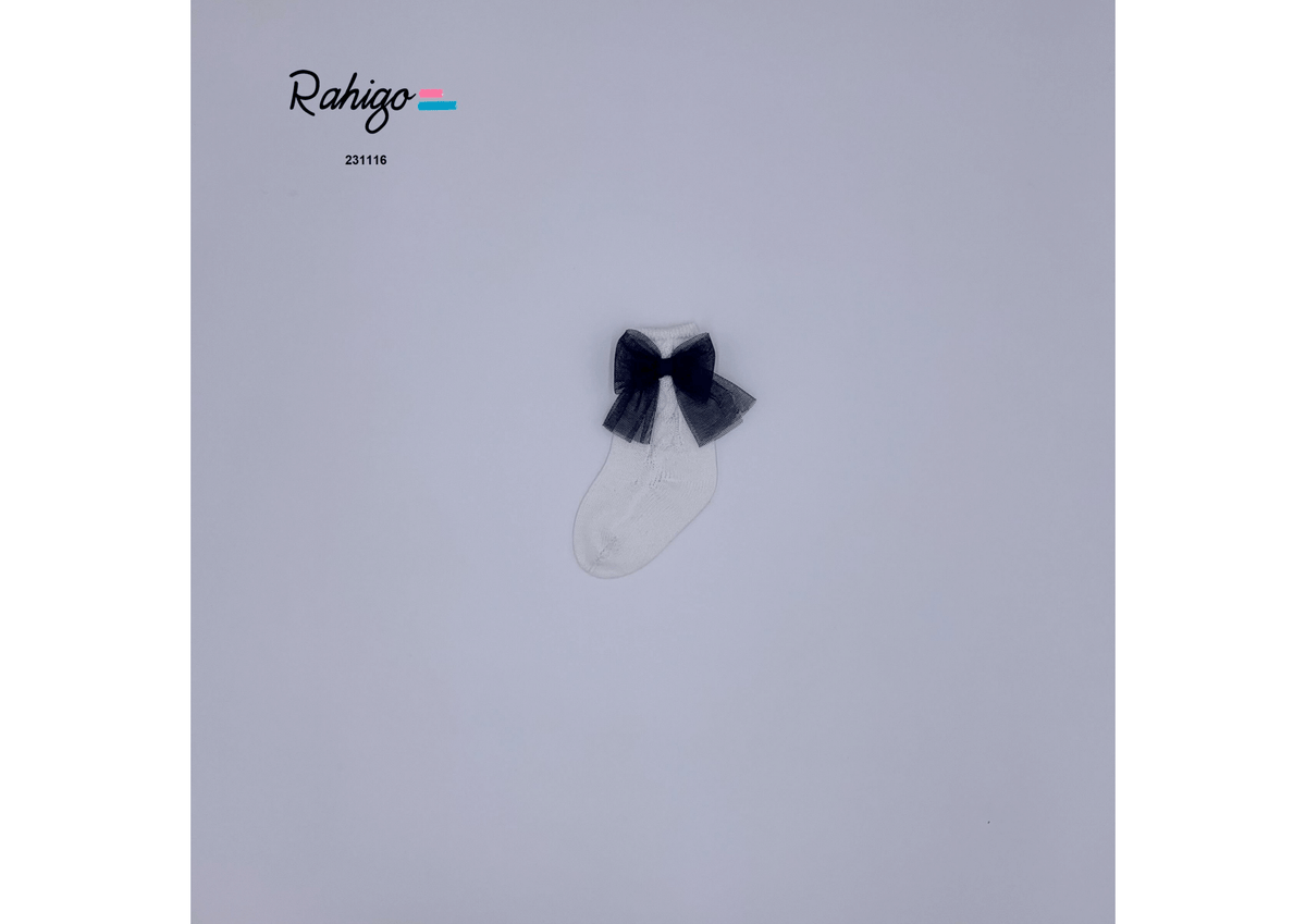 Rahigo White Knit Socks with Navy Tulle Bow - Rose & Albert
