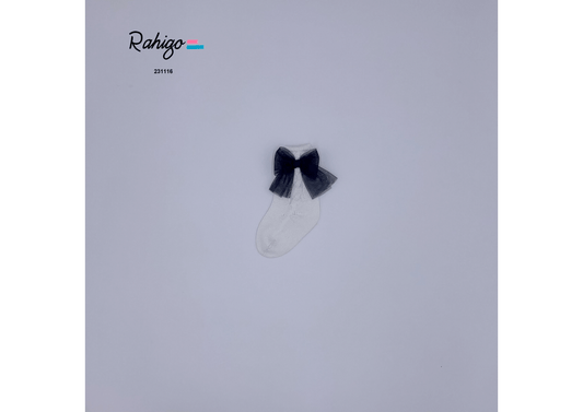 Rahigo White Knit Socks with Navy Tulle Bow - Rose & Albert