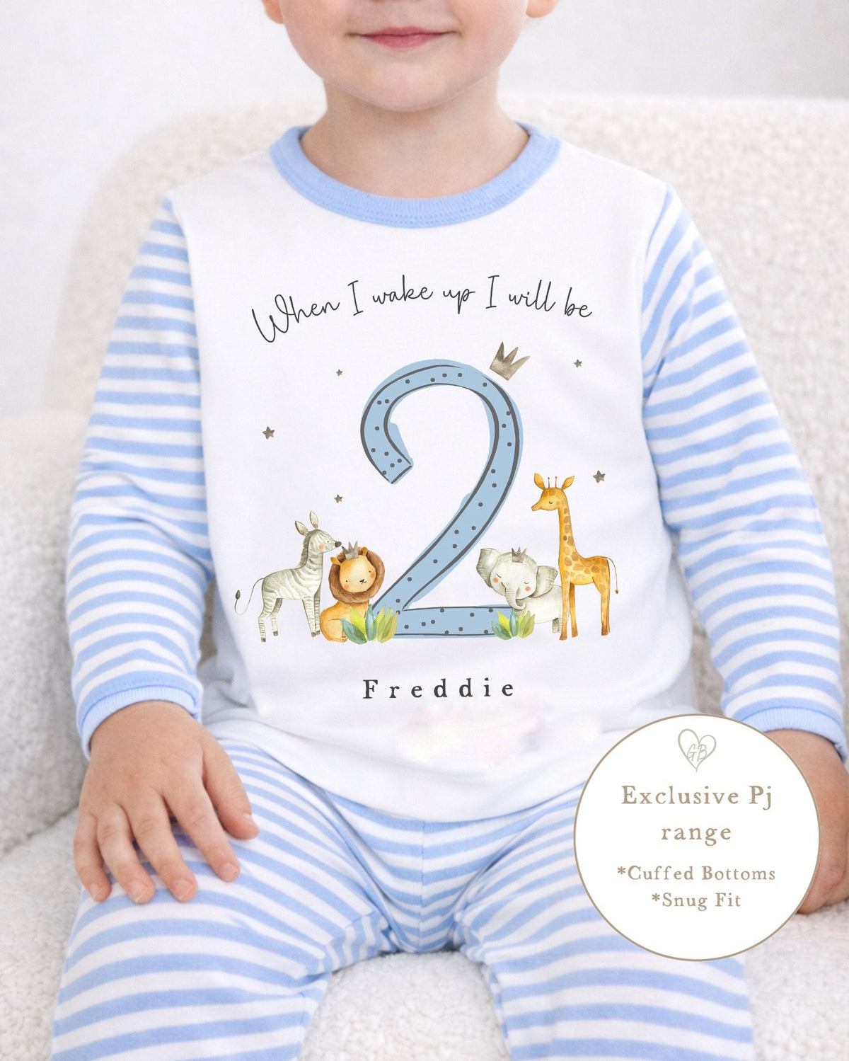 Personalised Blue Stripe Birthday Pyjamas - Safari Design