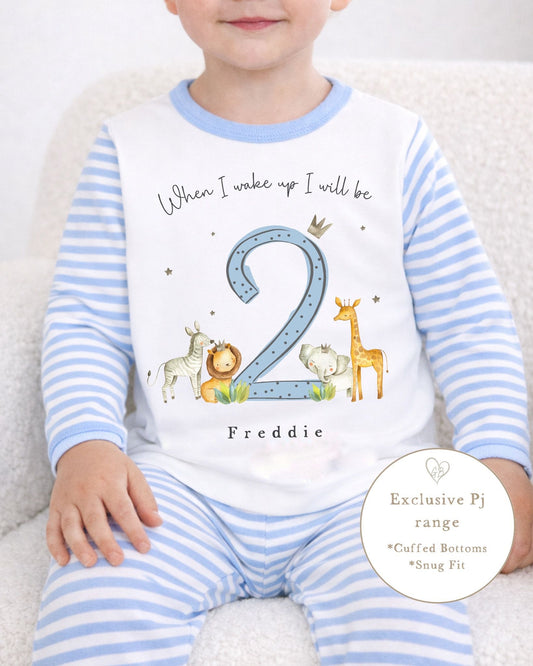 Personalised Blue Stripe Birthday Pyjamas - Safari Design