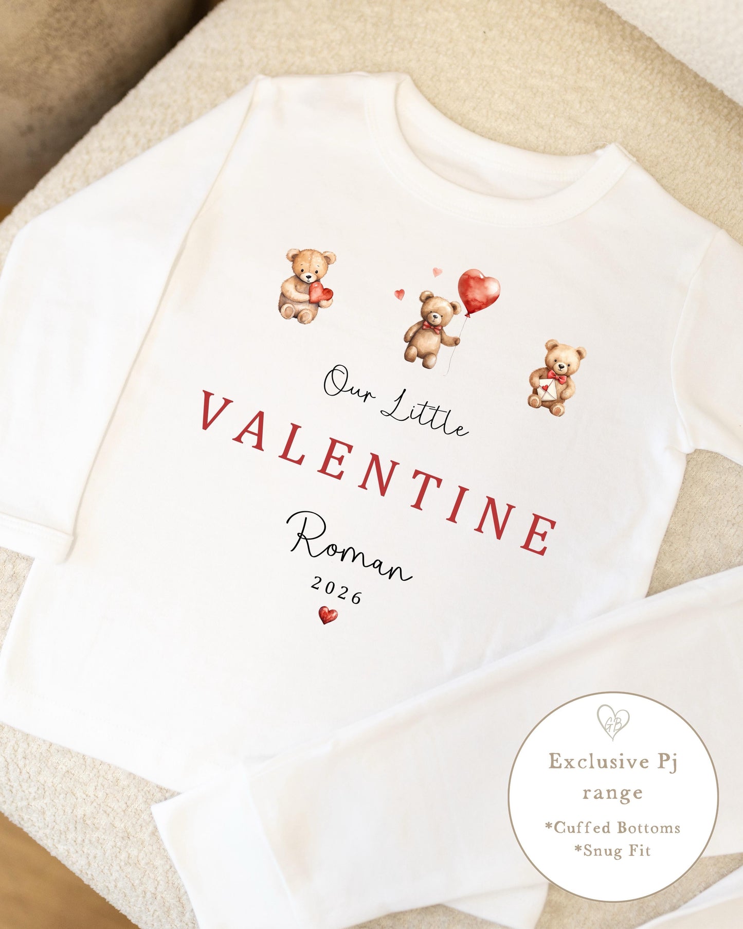 Personalised Plain White Valentines Pyjamas - Bear Trio Design