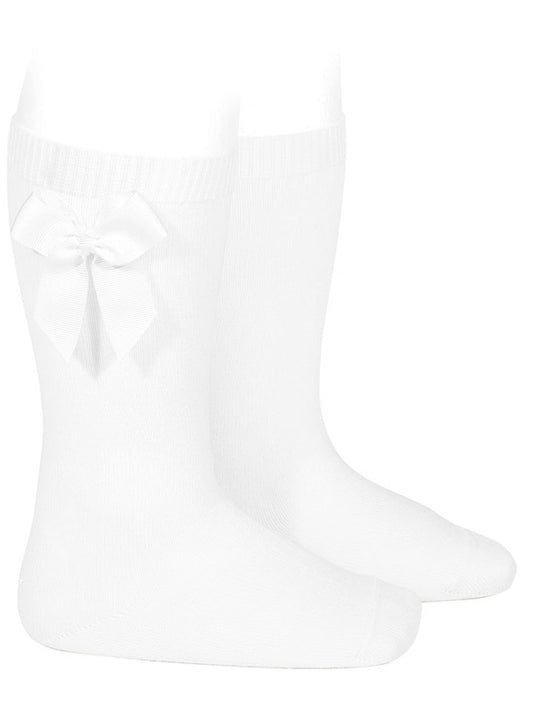 Condor white satin bow knee socks - Rose & Albert