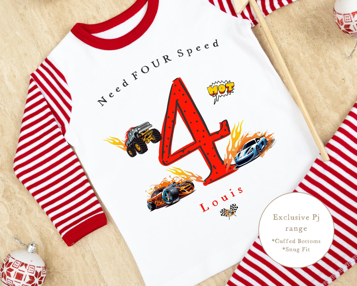 Personalised Red Stripe Birthday Pyjamas - Trucks Design