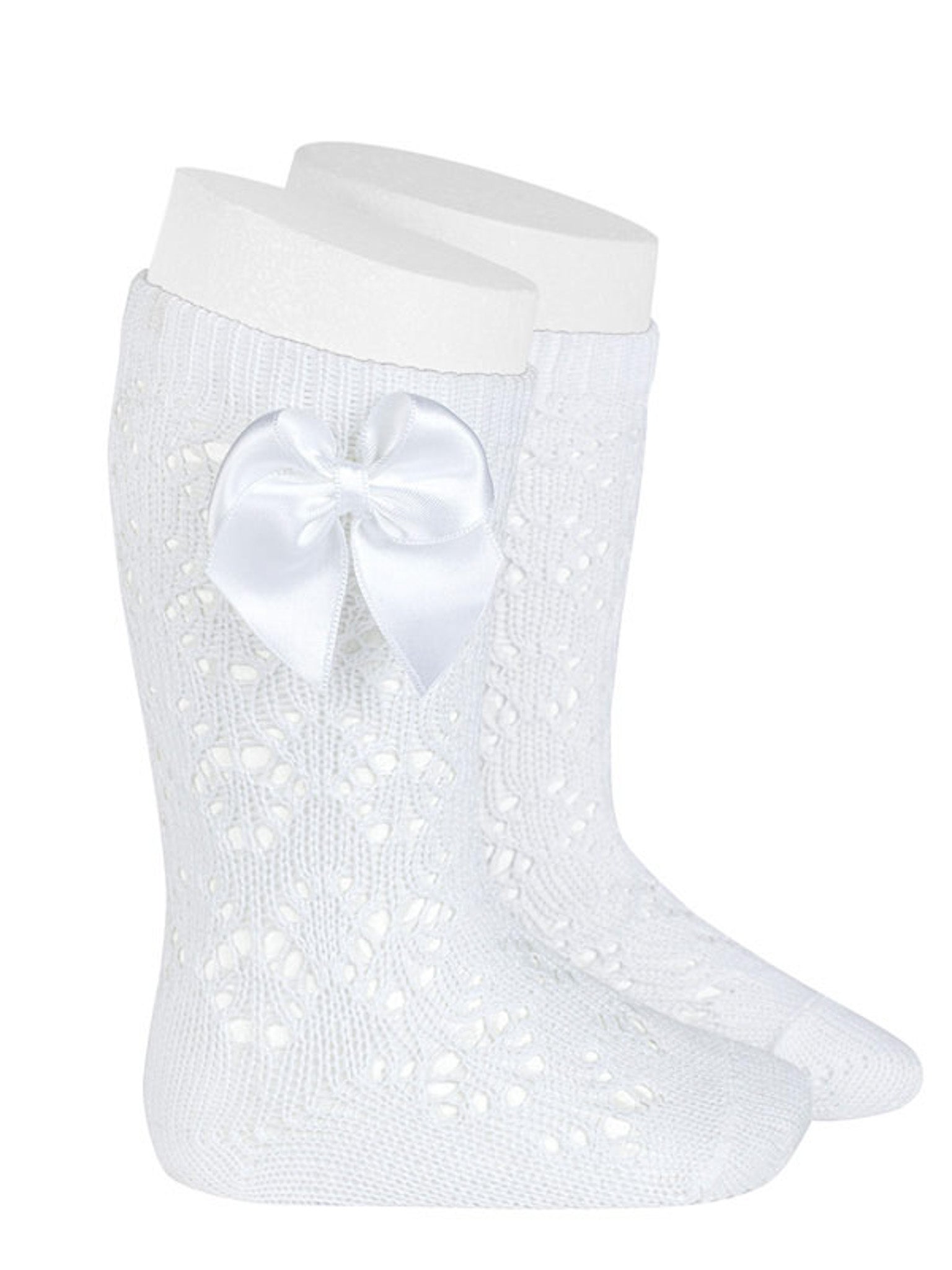 Condor white openwork knee socks with satin bow - Rose & Albert