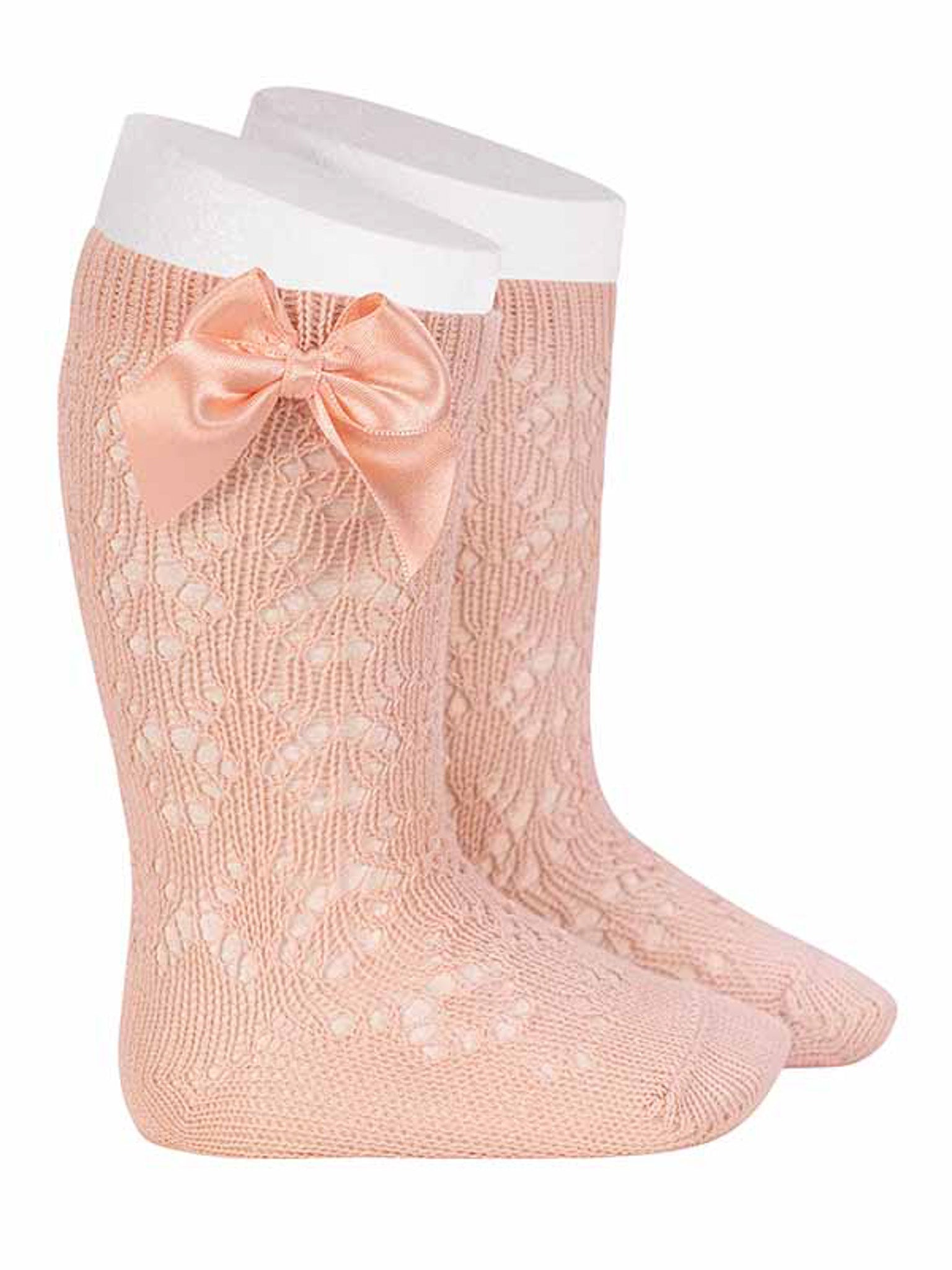 Condor peachy pink openwork knee socks with satin bow - Rose & Albert