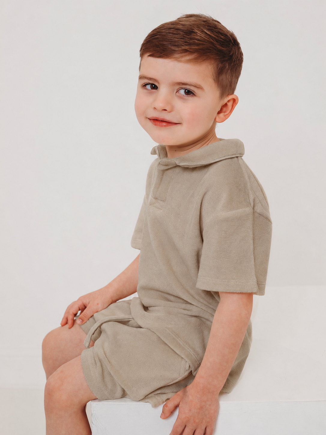 'Sidney' unisex beige towelling short set - Rose & Albert