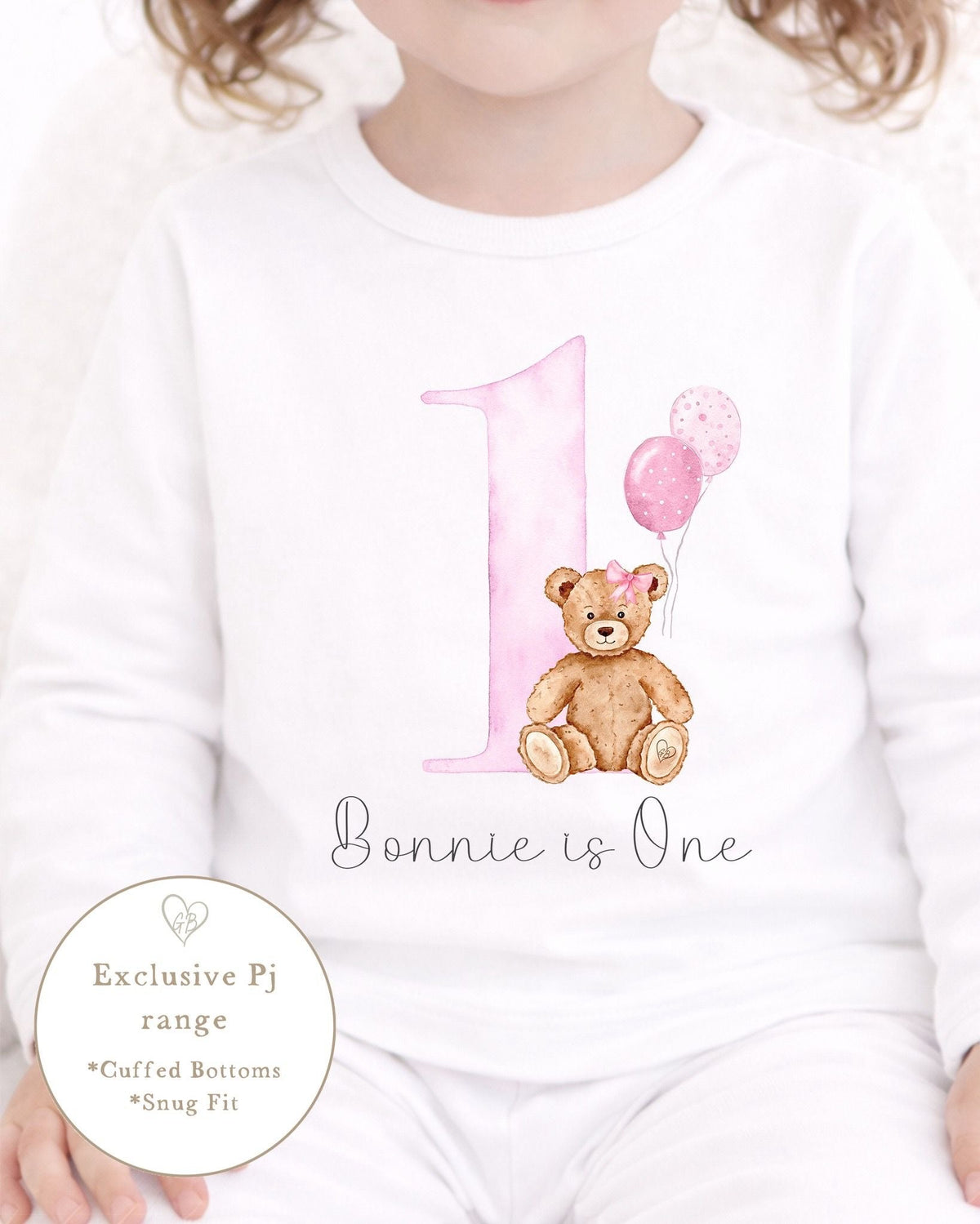 Personalised Plain White Birthday Pyjamas - Is One Pink GB Bear Design