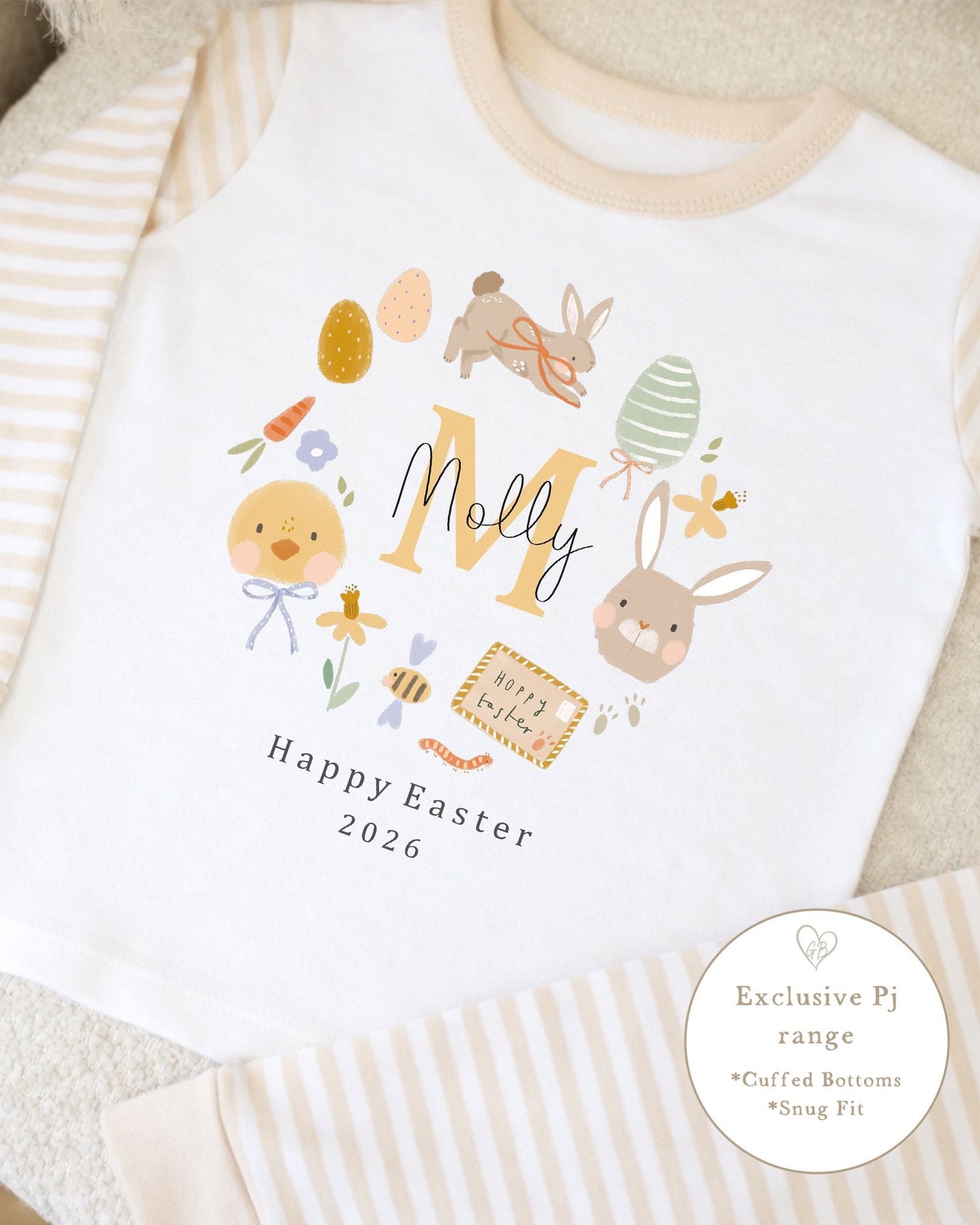 Personalised Beige Stripe Easter Pyjamas - Easter Wreath Design