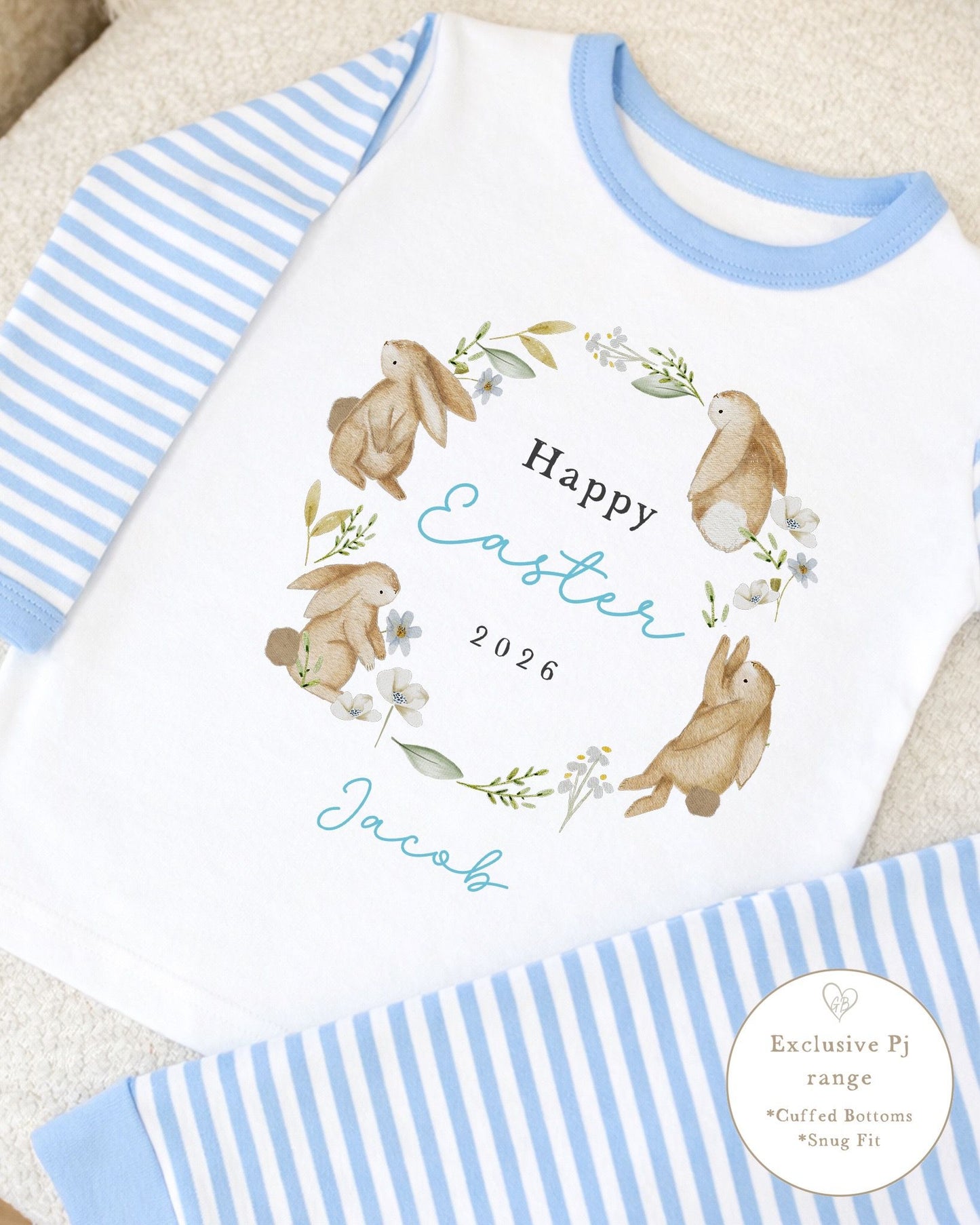 Personalised Blue Stripe Easter Pyjamas - Bunny Wreath Design