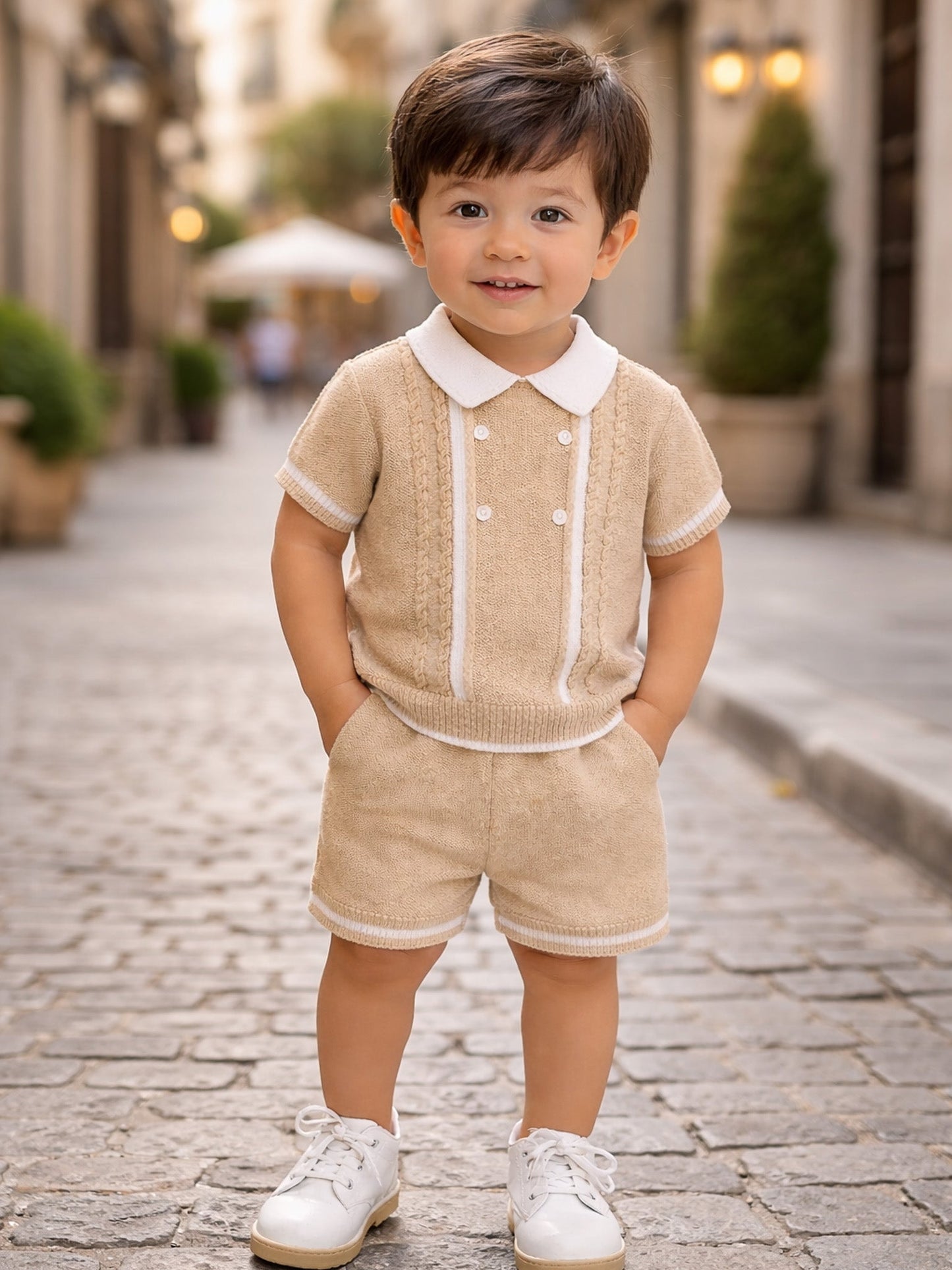 Sarah Louise Beige polo collar knitted set - Rose & Albert
