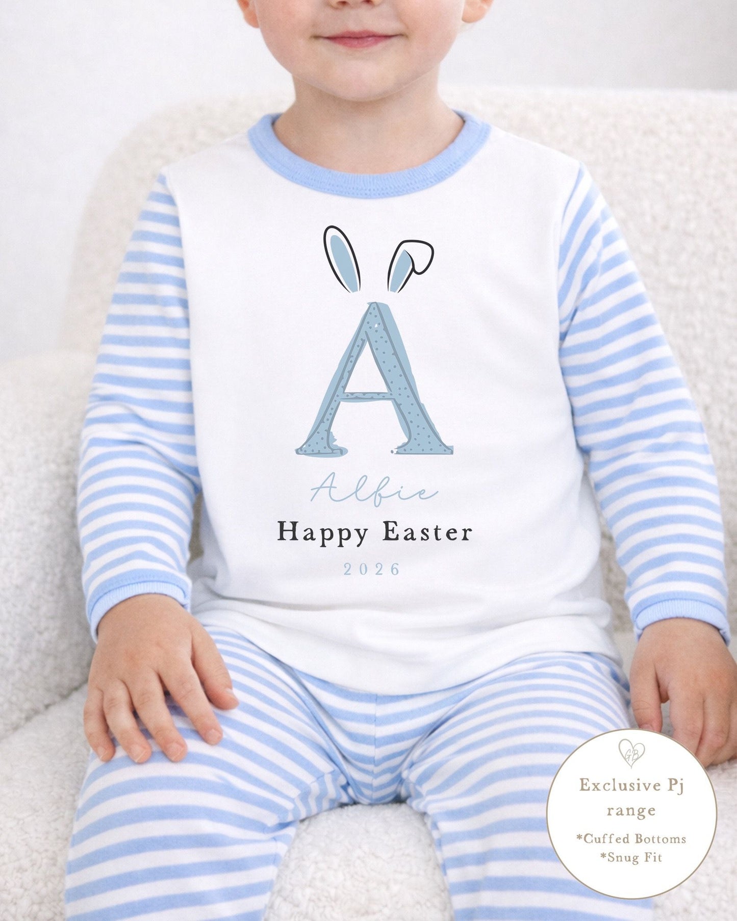 Personalised Blue Stripe Easter Pyjamas - Bunny Ear Initial Design