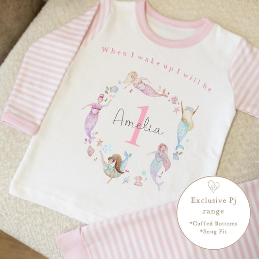 Pink & White Striped Personalised Birthday Pyjamas - Pink Mermaid Wreath Design