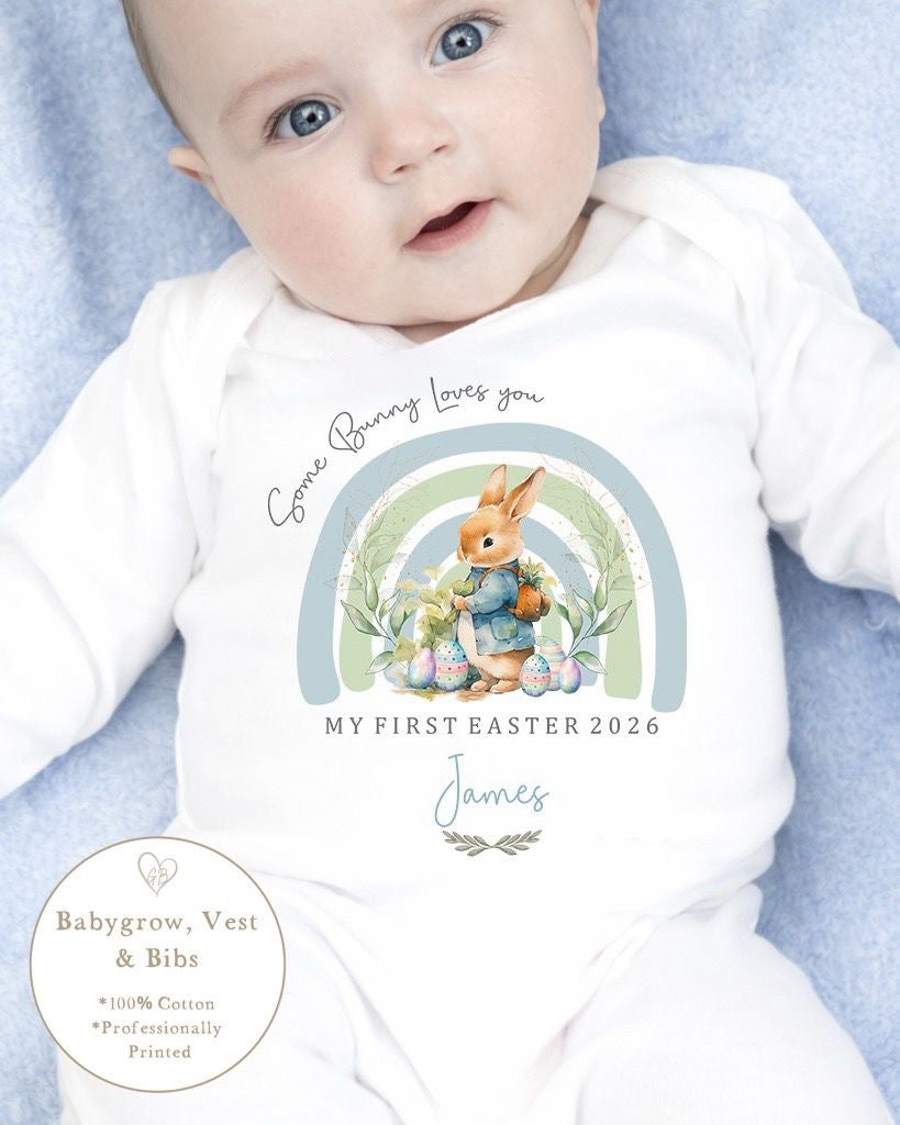 Personalised My First Easter Babygrow / Vest - Blue Some Bunny Design