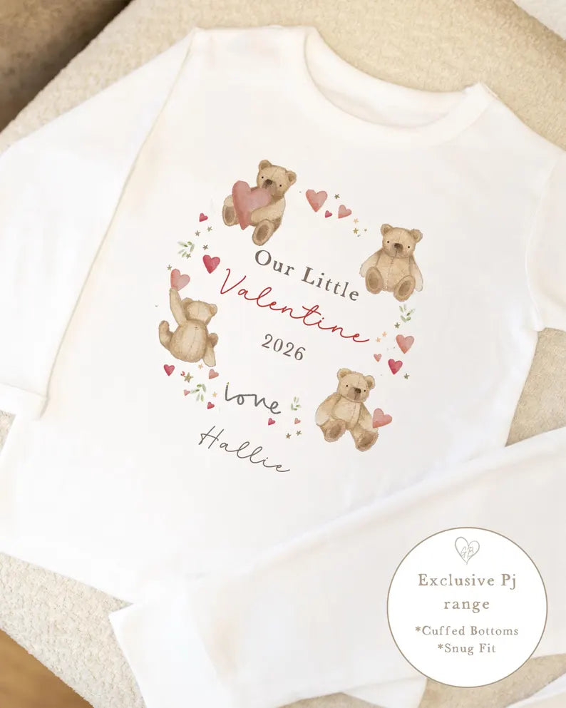 Personalised Plain White Valentines Pyjamas - Bear Wreath Design