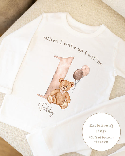 Plain White Personalised Birthday Pyjamas - Nude Boy Bear Design