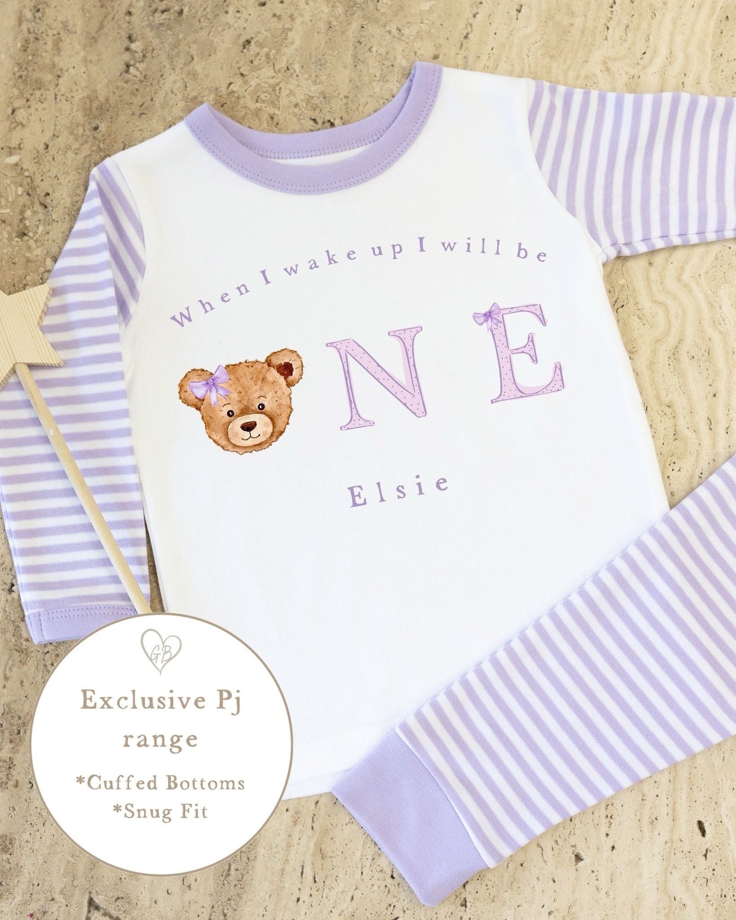 Lilac & White Striped Personalised Birthday Pyjamas - Lilac Bear Word Design