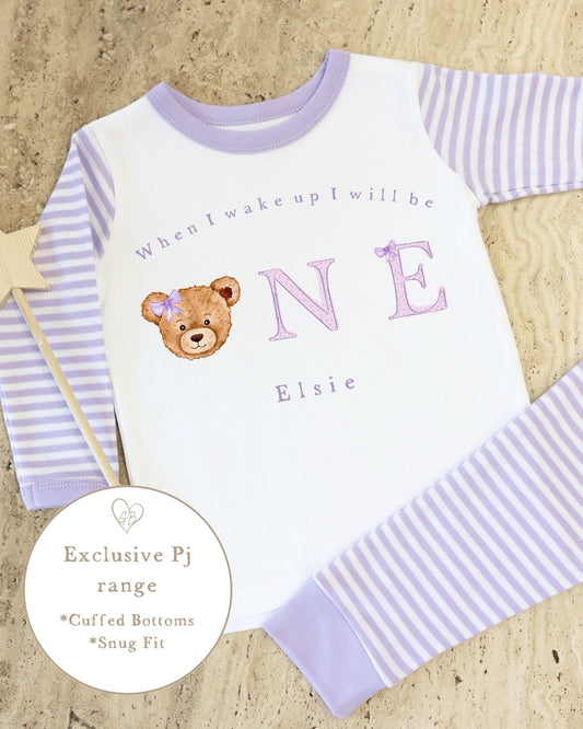 Lilac & White Striped Personalised Birthday Pyjamas - Lilac Bear Word Design