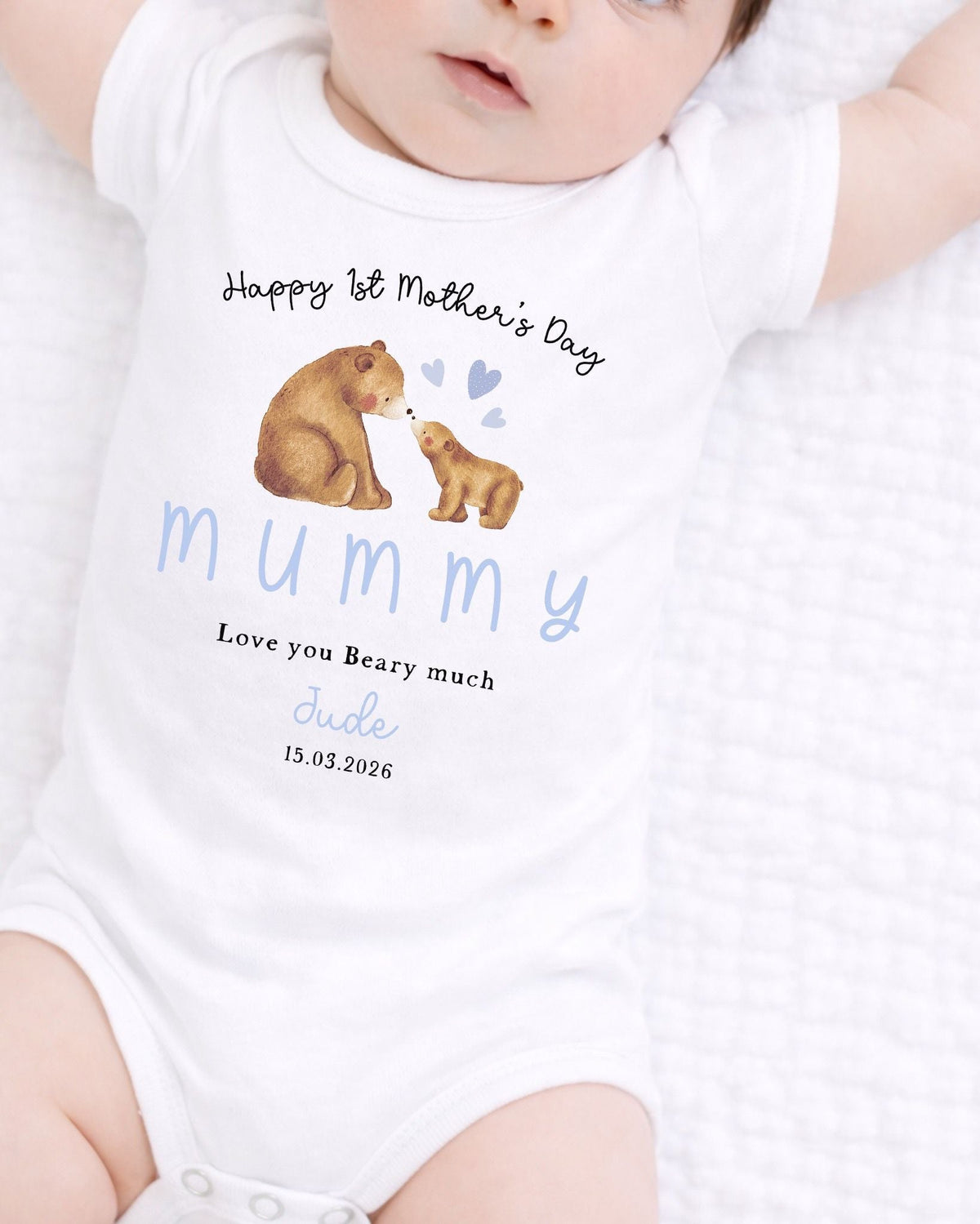 Personalised My First Mother's Day Babygrow / Short Sleeve Vest - Blue Mum & Me Bear Design