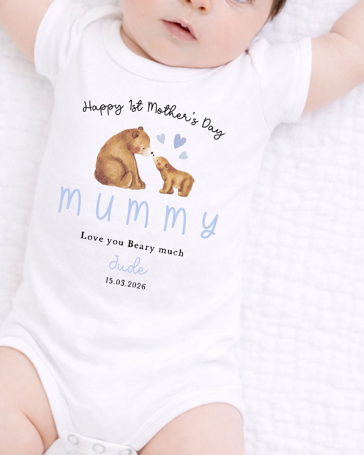 Personalised My First Mother's Day Babygrow / Short Sleeve Vest - Blue Mum & Me Bear Design