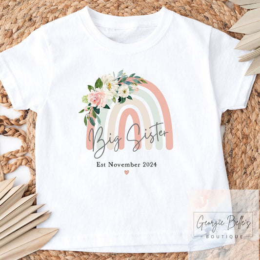 Big Sister Announcement T-Shirt - Floral Rainbow Design