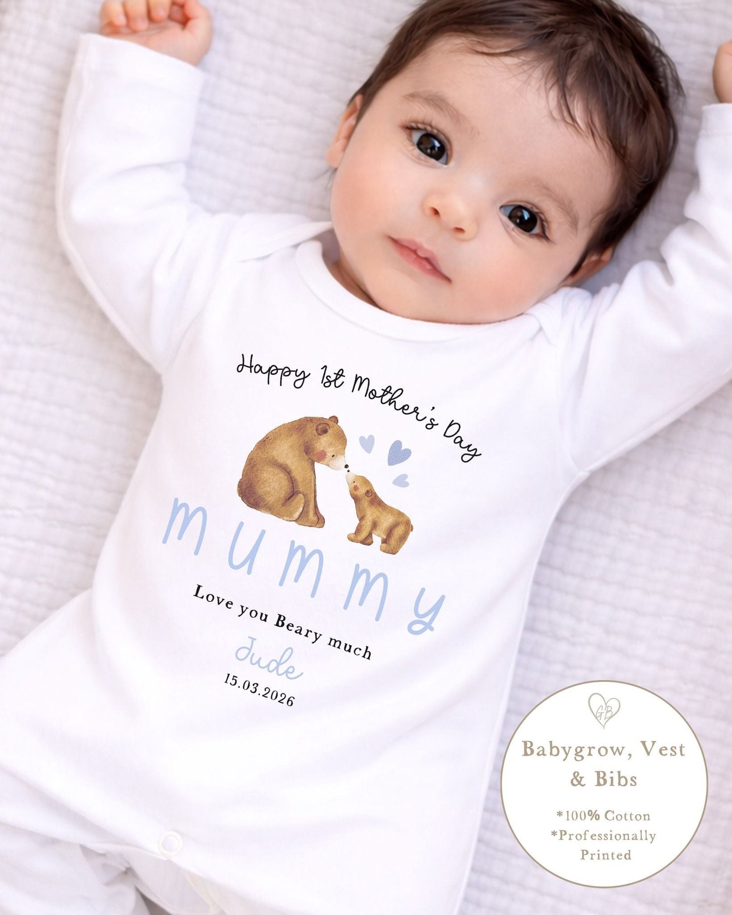 Personalised My First Mother's Day Babygrow / Short Sleeve Vest - Blue Mum & Me Bear Design