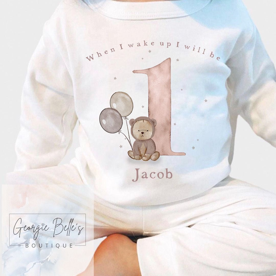 Personalised Birthday Pyjamas - When I wake up neutral Bear Design