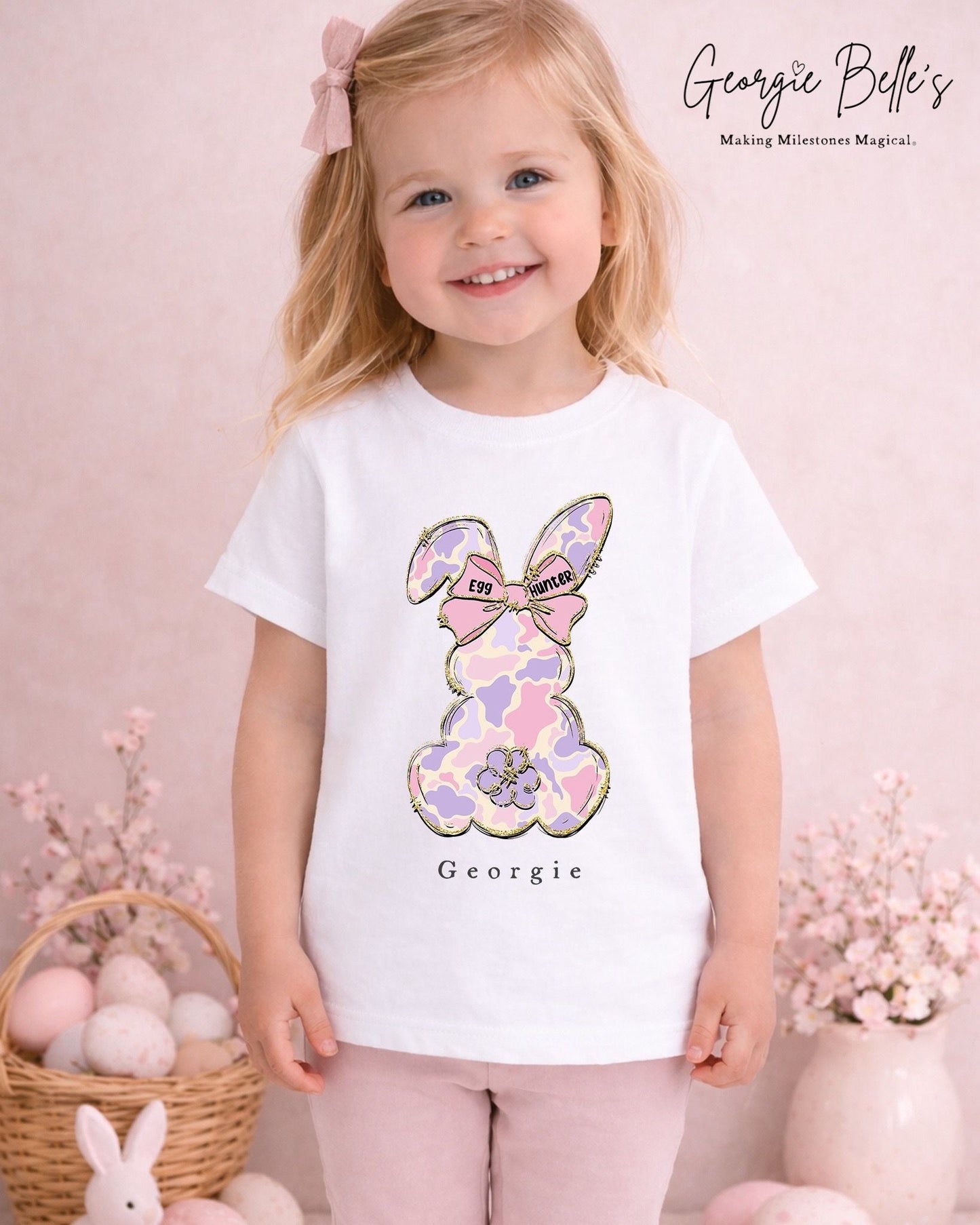 Personalised Easter T-Shirt - Pink Camo Bunny Design