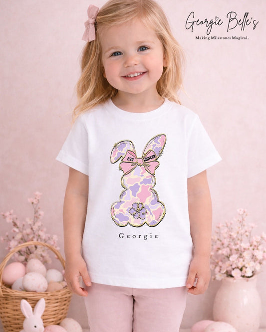 Personalised Easter T-Shirt - Pink Camo Bunny Design