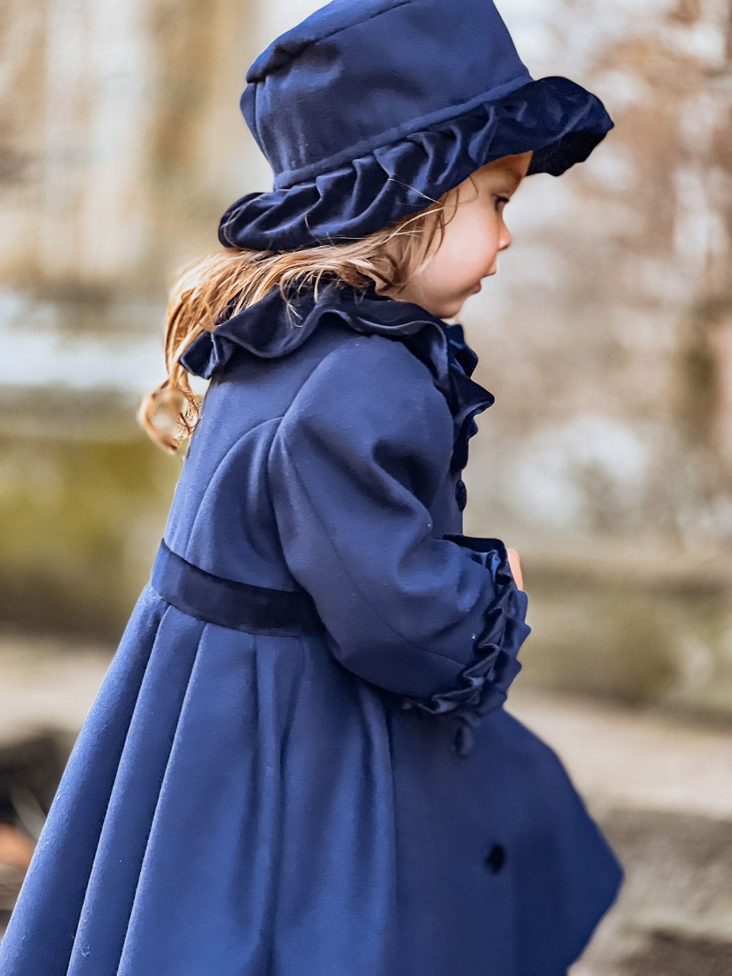 Sarah Louise Traditional velvet trimmed navy coat & hat