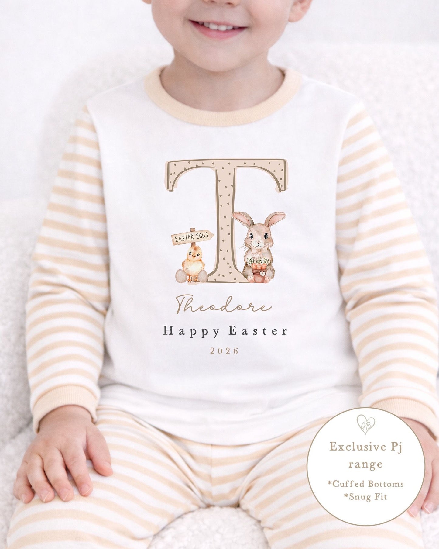 Personalised Beige Stripe Easter Pyjamas - Easter Initial Design