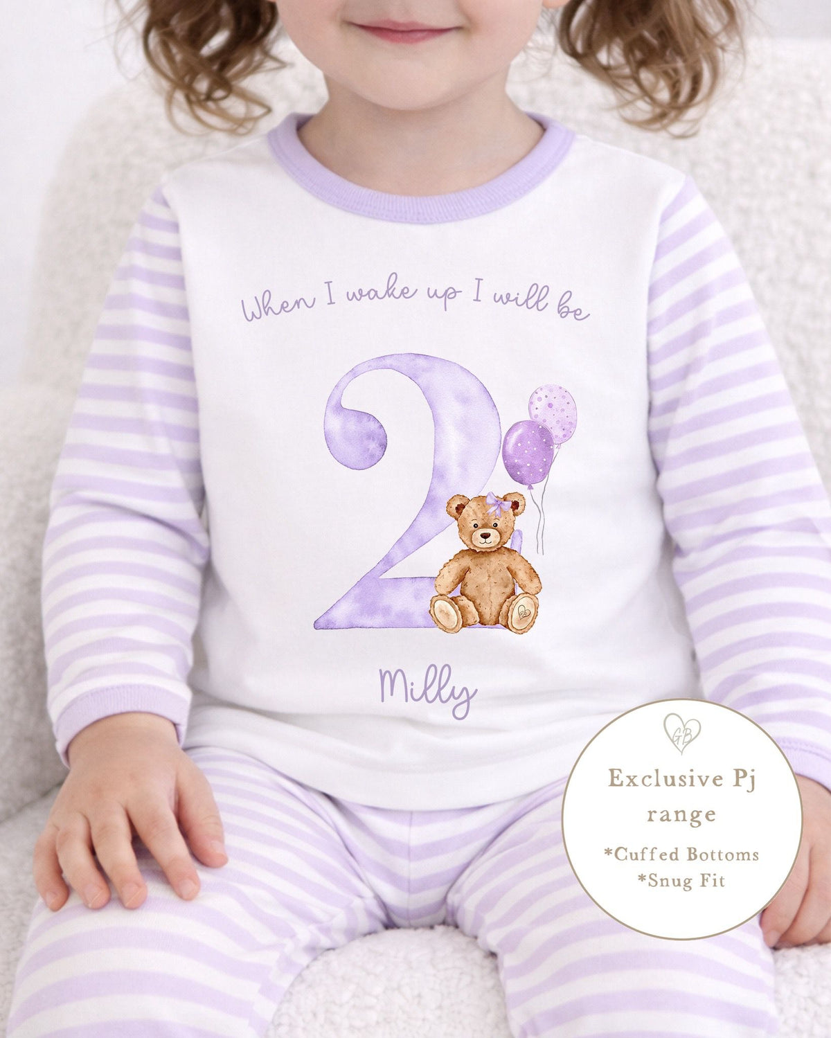 Personalised Lilac Stripe Birthday Pyjamas - Lilac GB Bear Design