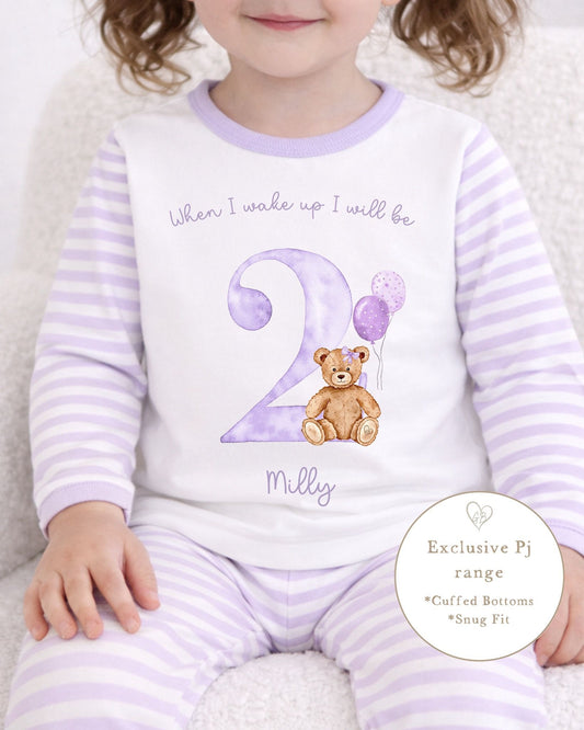 Personalised Lilac Stripe Birthday Pyjamas - Lilac GB Bear Design