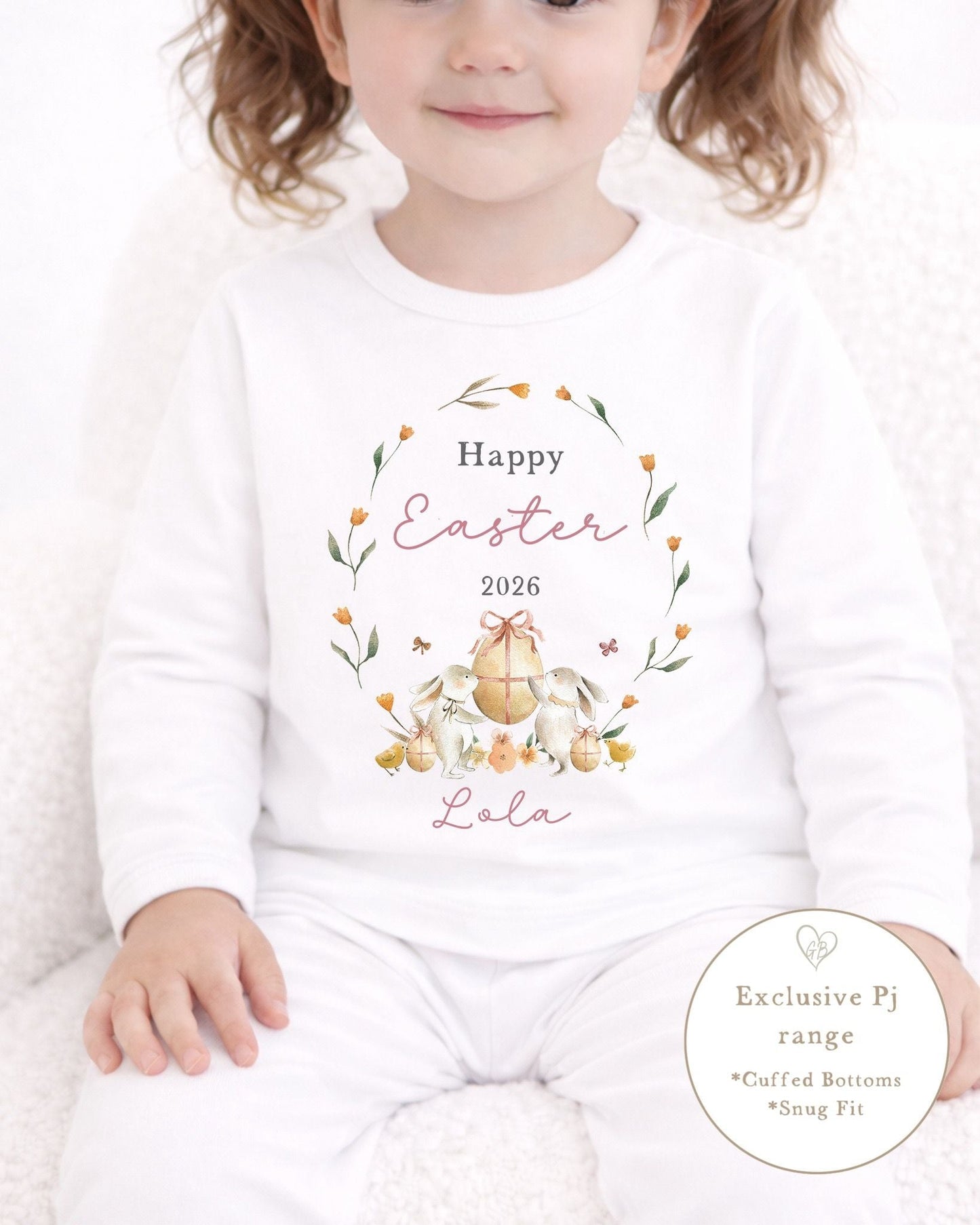 Personalised Plain White Easter Pyjamas - Pink Classic Wreath Design