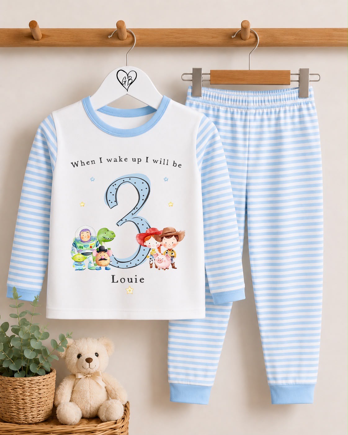 Personalised Blue Stripe Birthday Pyjamas - Toy Story Inspired Design