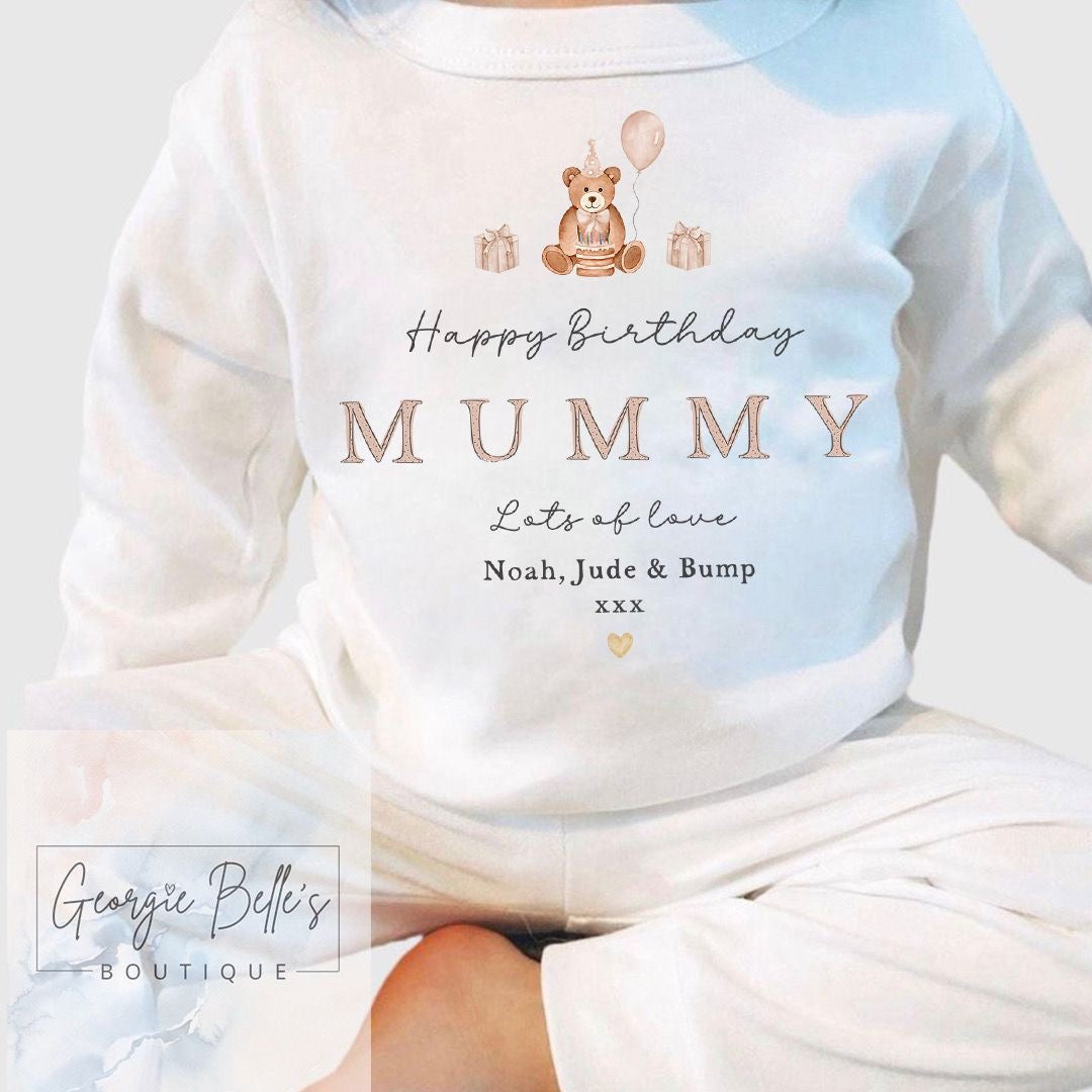 Personalised Birthday Pyjamas -  Mummy’s Birthday Nude Stripe Birthday Bear Design