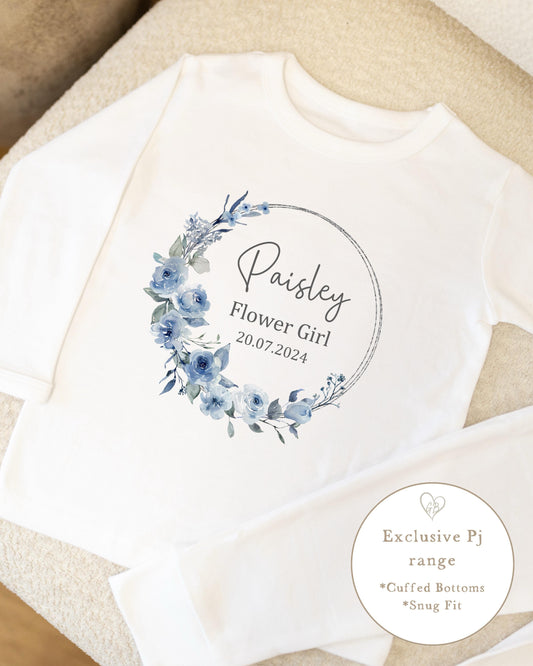 Personalised Flower Girl Pyjamas Dusky Wreath Design in Blue