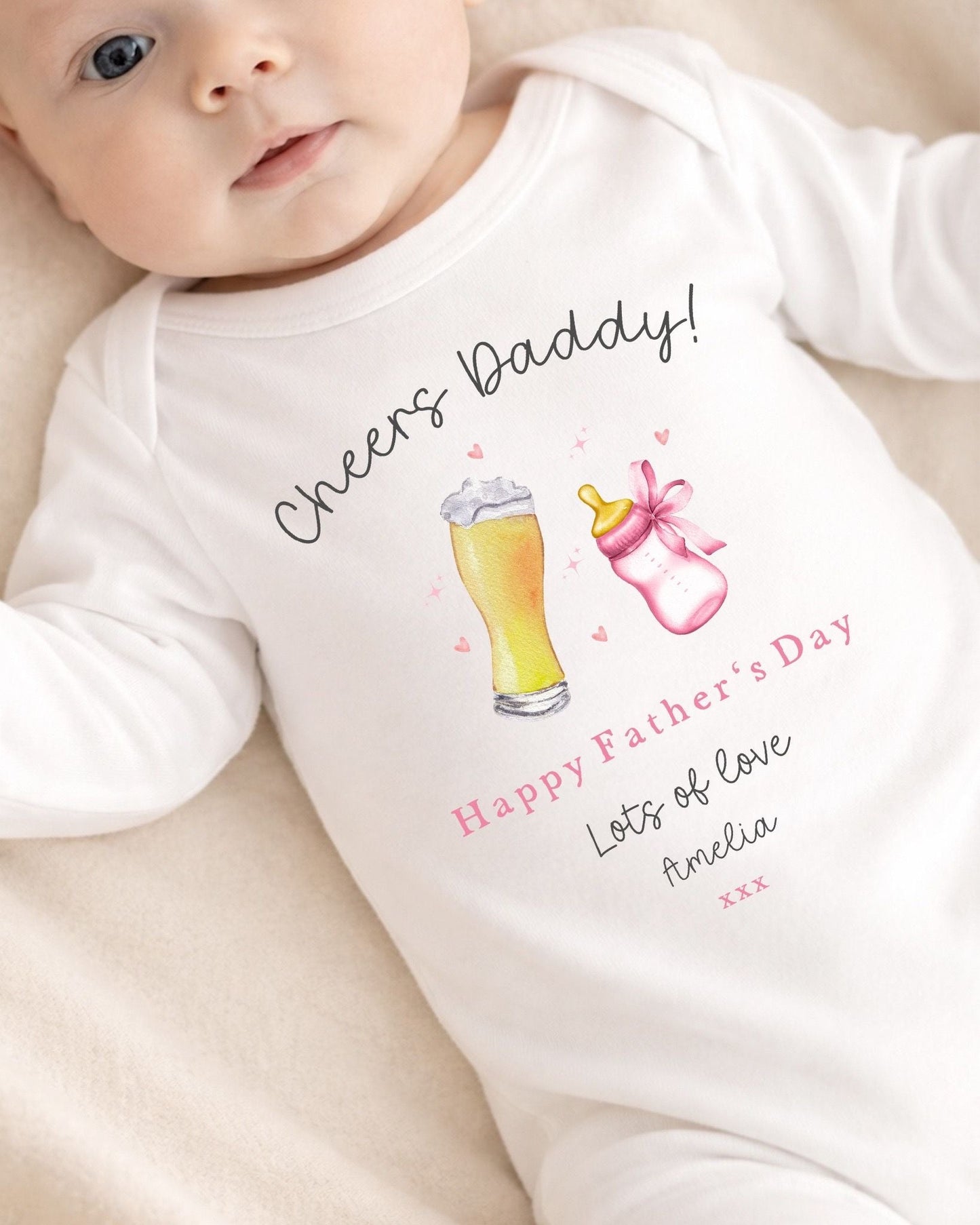 Personalised Happy Father's Day Baby Vest / Babygrow - Cheers Daddy Pink Design
