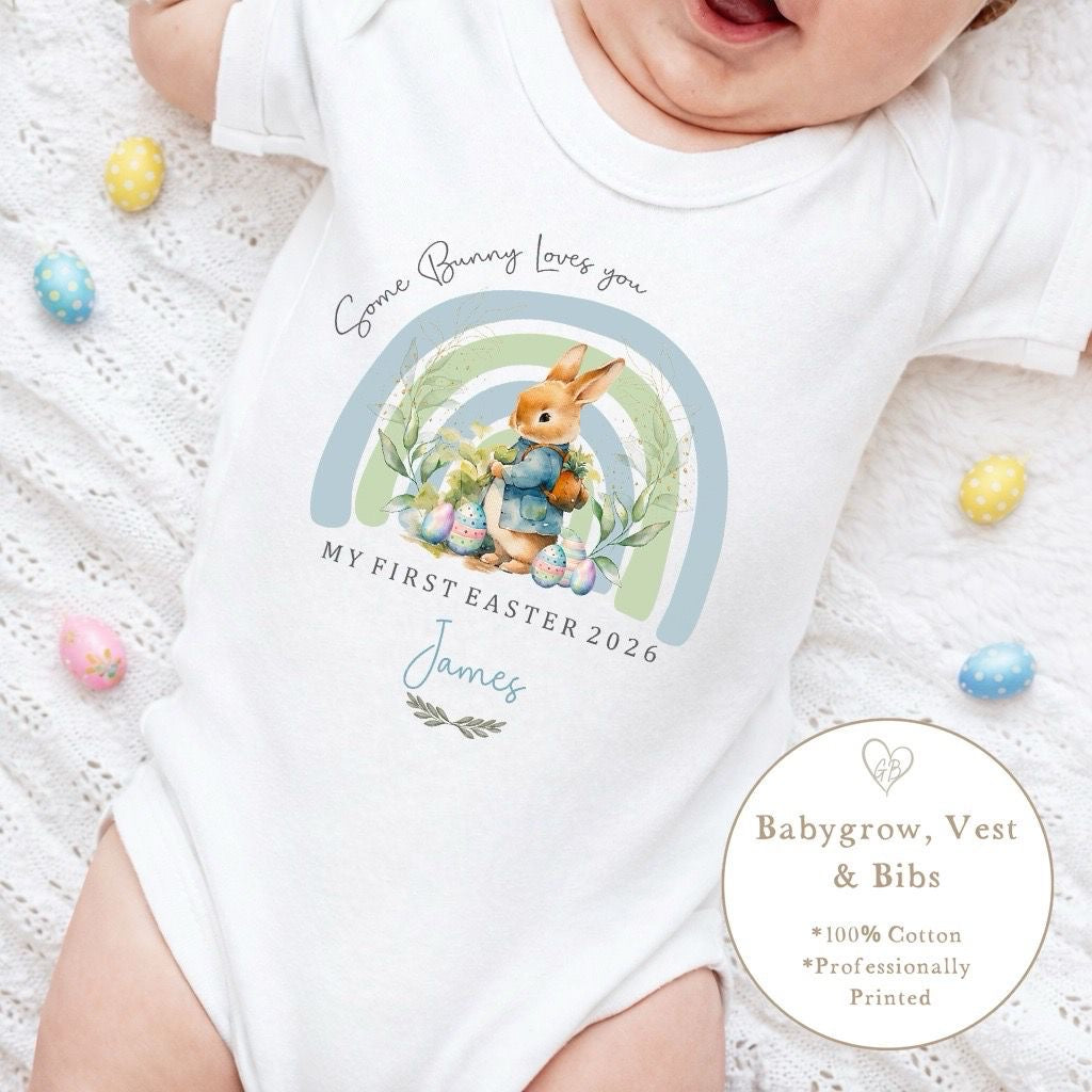 Personalised My First Easter Babygrow / Vest - Blue Some Bunny Design