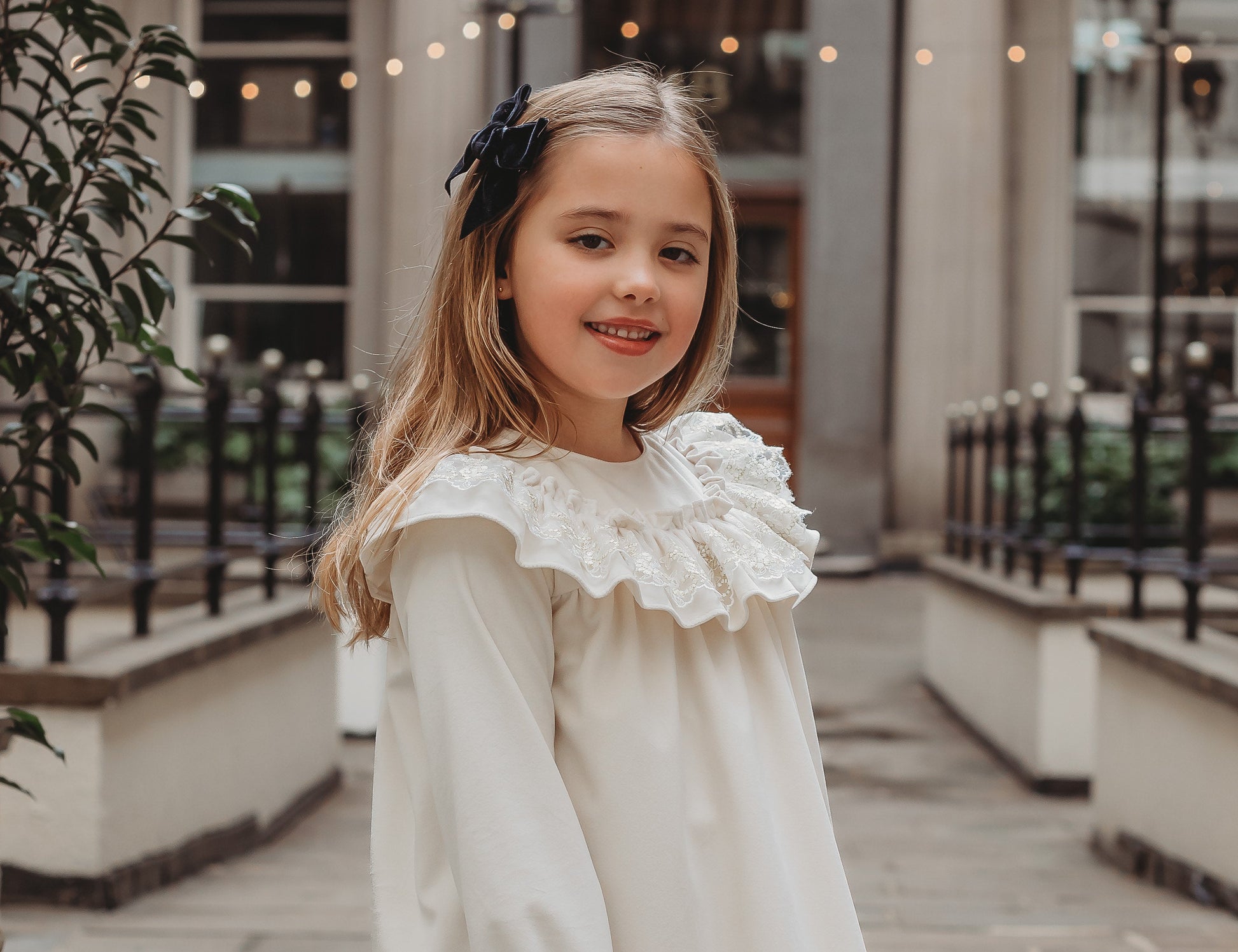'Eve' Ivory velvet & gold lace dress - Rose & Albert