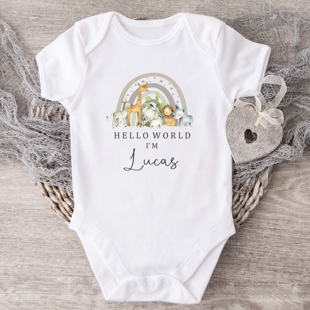 Personalised Baby Announcement Vest / Babygrow - Hello World Safari Design