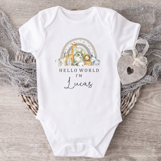 Personalised Baby Announcement Vest / Babygrow - Hello World Safari Design