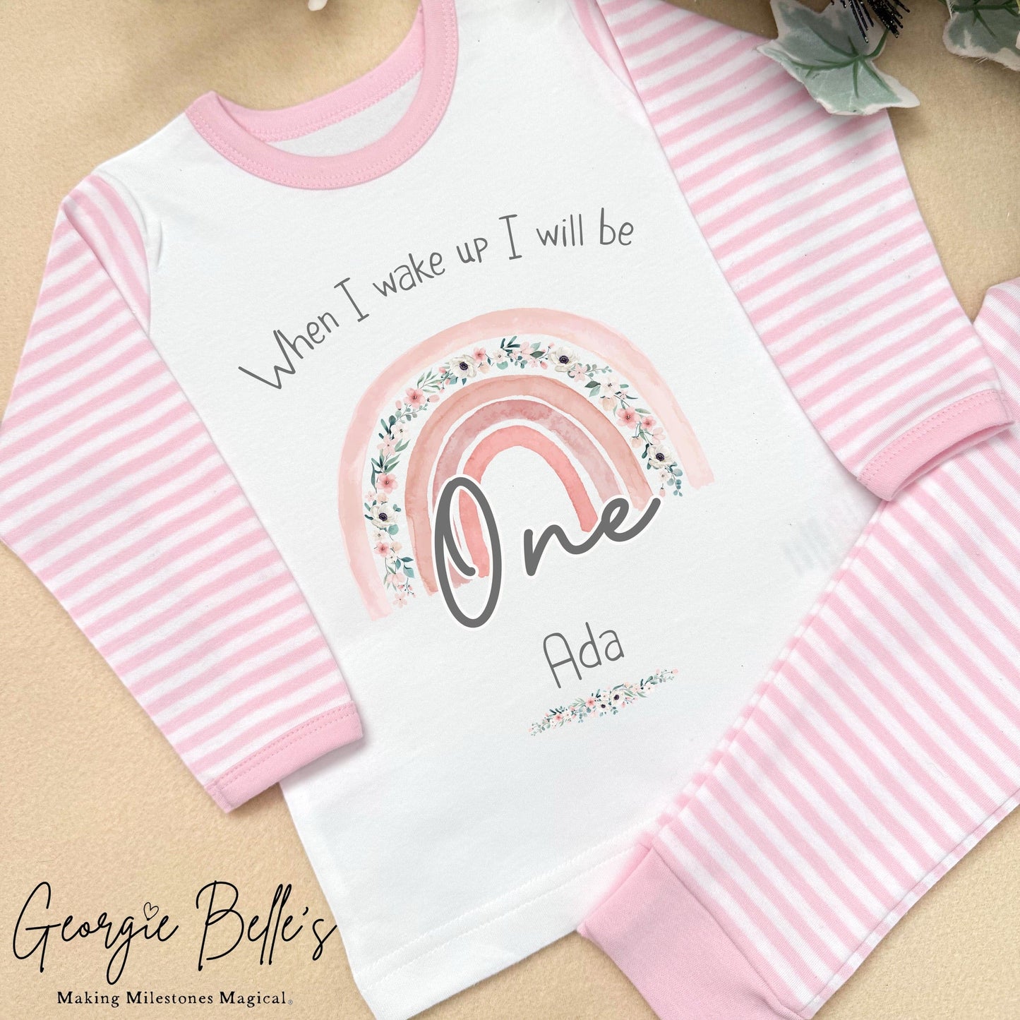 Personalised Pink Stripe Birthday Pyjamas - Pink Floral Design