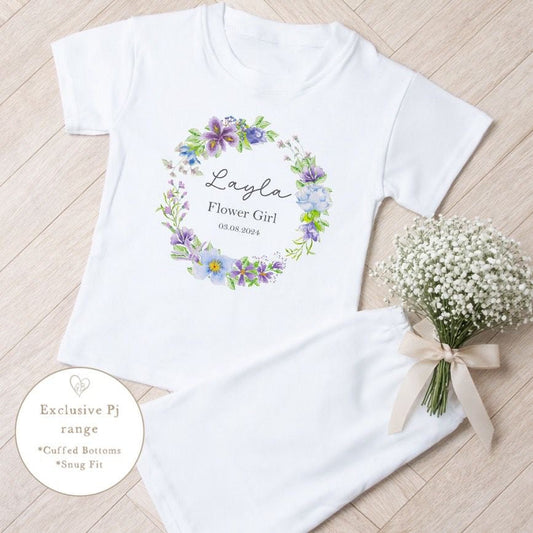 Personalised Flower Girl Short Set Pyjamas - Lilac Wreath Design